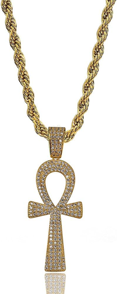 Egyptian Anhe Key Necklace Men Necklace Hip Hop 18K Gold Plated Micro-Inlaid Zircon Pendant,60Cm Chain