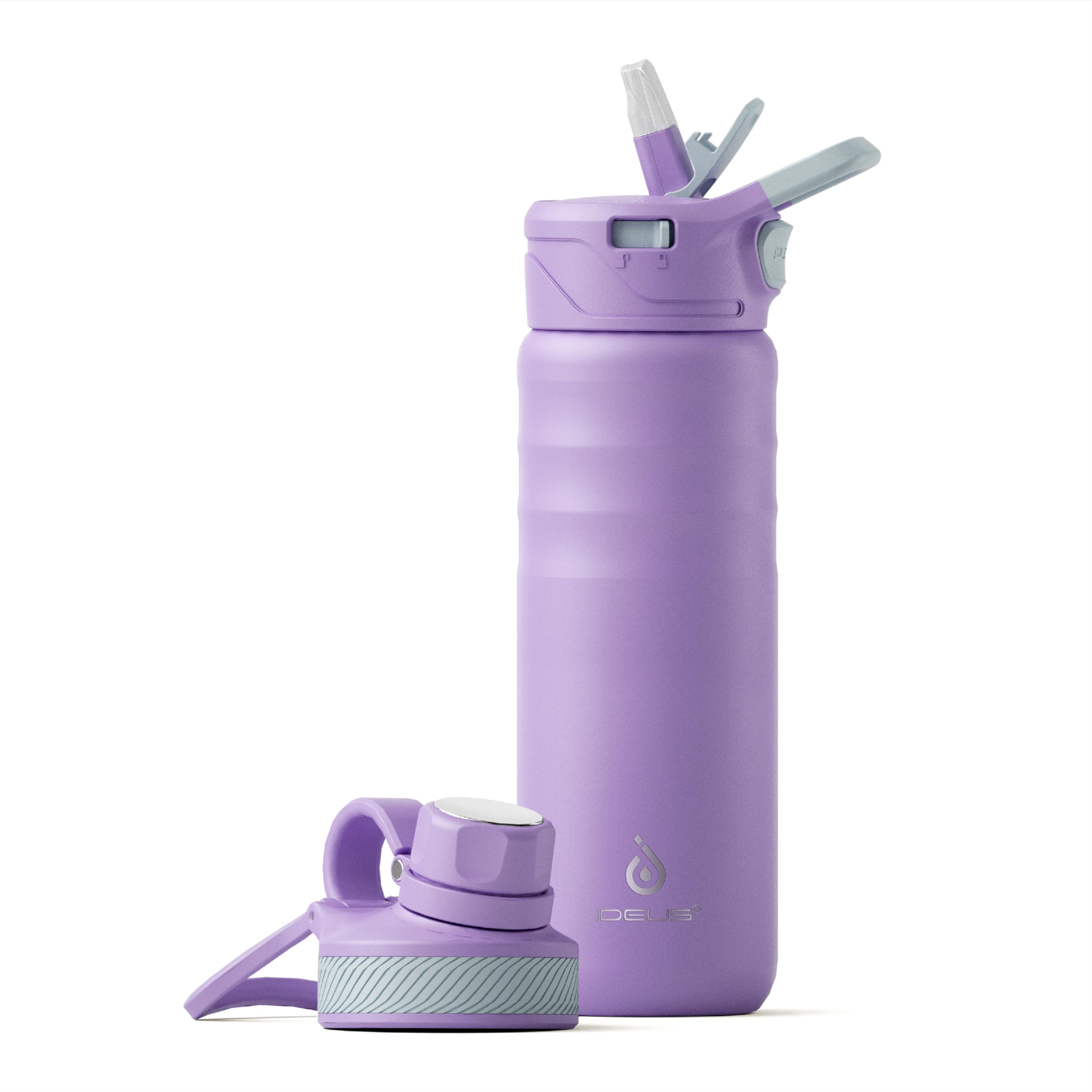 IDEUS Vacuum Insulated Water Bottle 710ml/24oz, Leak-Proof Stainless Steel Water Bottle, Double Wall Flask, Metal Sports Canteen with 2 Lids