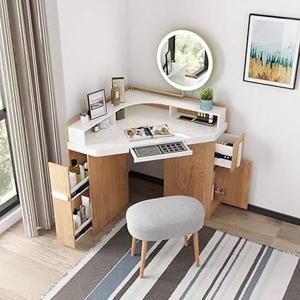 Llffdc Coiffeuse D Angle Coiffeuse En Bois Massif Avec Miroir Lumineux Led Et Tabouret Armoire De Rangement Pour Bijoux De Chambre A Coucher Amazon Fr Cuisine Maison