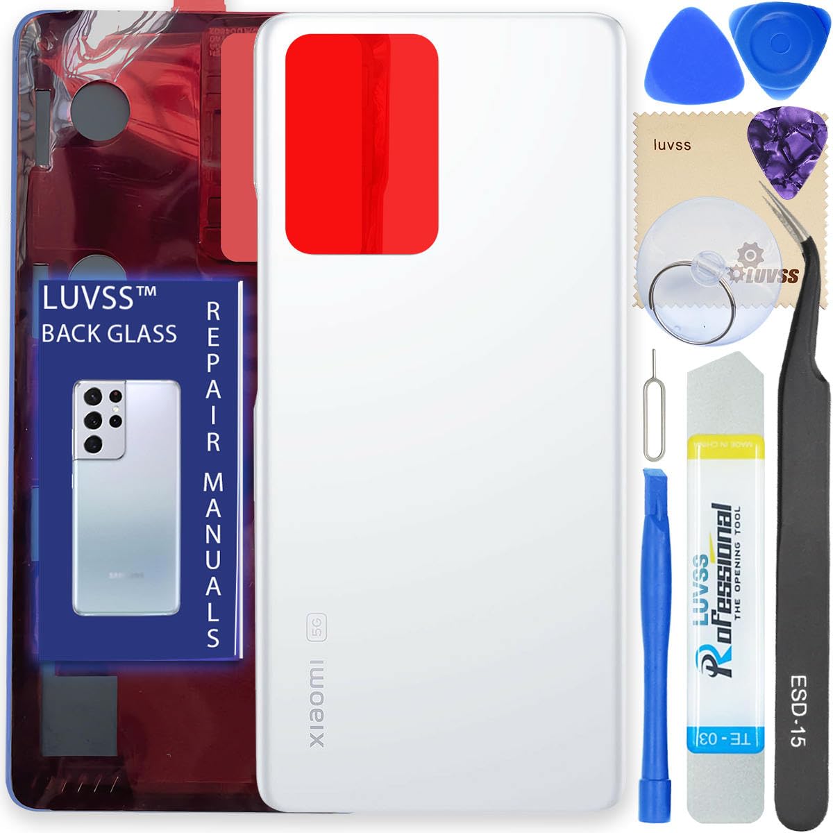 LUVSS Back Glass Cover Replacement Compitable for Xiaomi Mi 11T / 11T Pro Rear Cover + Repair Manual DIY Tools Kit (White)