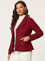 Allegra K Women's Notched Lapel Double Breasted Pea