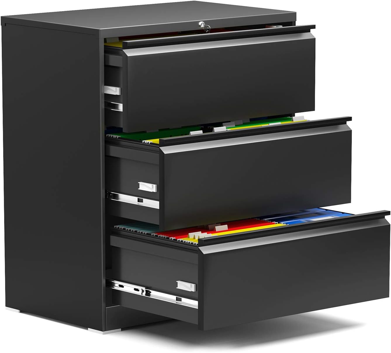 AOBABO 3 Drawer Lateral File Cabinet with Lock, Black 28.25'' W Letter/Legal A4 Size Metal Storage Cabinet,Locking File Cabinet for Office,Folding Type Screwless Design,Assembly Required