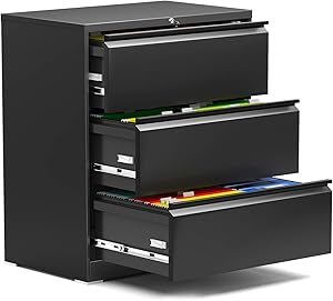 AOBABO 3 Drawer Lateral File Cabinet with Lock, Black 28.25'' W Letter/Legal A4 Size Metal Storage Cabinet,Locking File Cabinet for Office,Folding Type Screwless Design,Assembly Required
