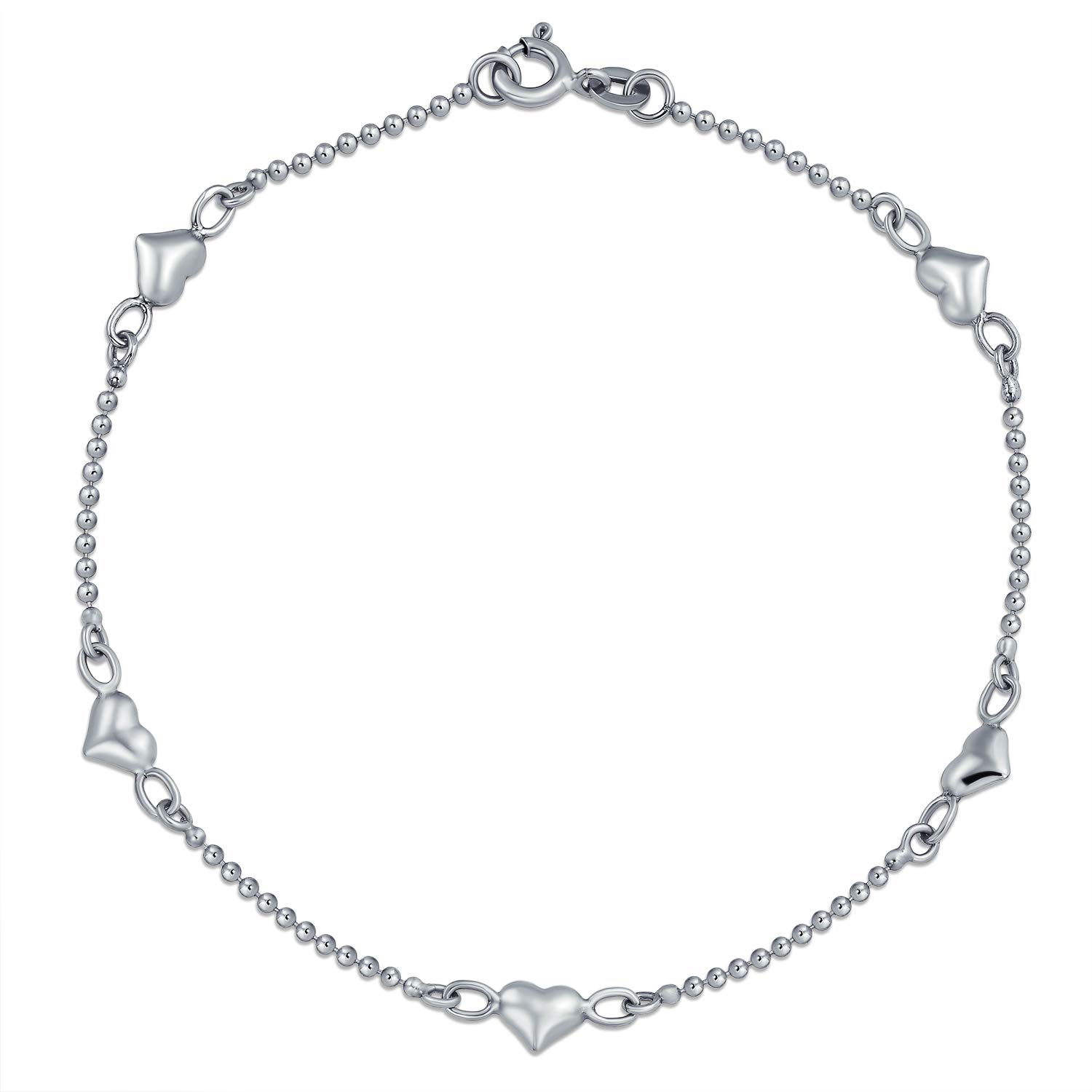 Bling Jewelry Multi Puff Station Hearts Charm Anklet Ankle Bracelet For Women Teen Beaded Ball Chain .925 Sterling Silver 9 Inch Flexible