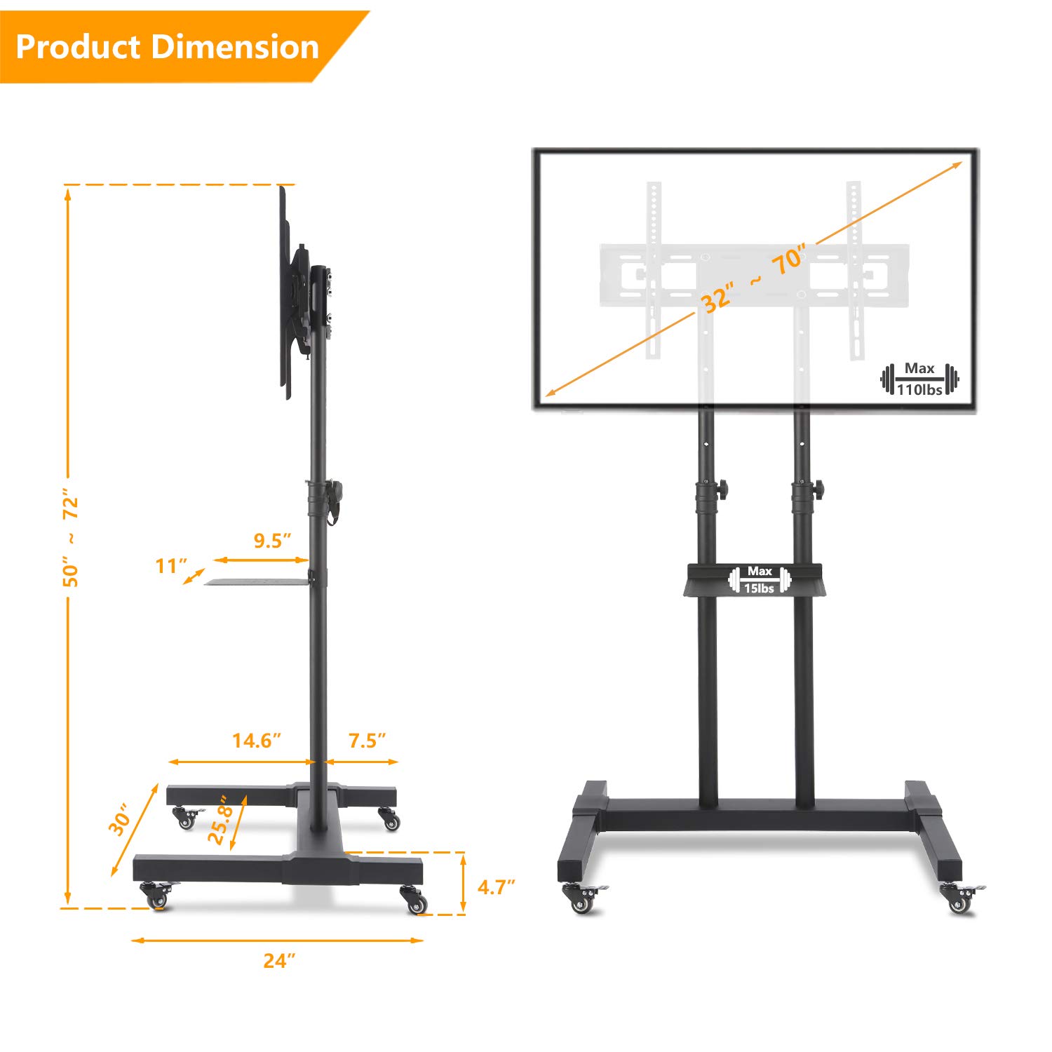 TAVR Tall Rolling Mobile TV Cart Floor Stand with Height Adjustable