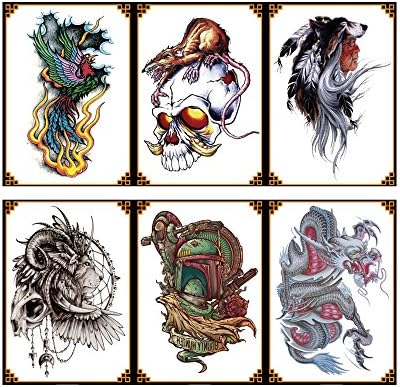 VanTattoo (6Sheets) Fashion Body Art Stickers Removable Waterproof Temporary Tattoo –Phoenix, skeletons, werewolves, tiger head, dragon, sedan chair