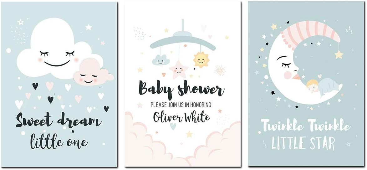 VIIRY 3 Pcs Cartoon Cloud Moon Stars Canvas Prints Wall Art Warm Family Love Poster Modern Art Decor Painting for Kids Bedroom Home Decorations(Unframed,8"X10")