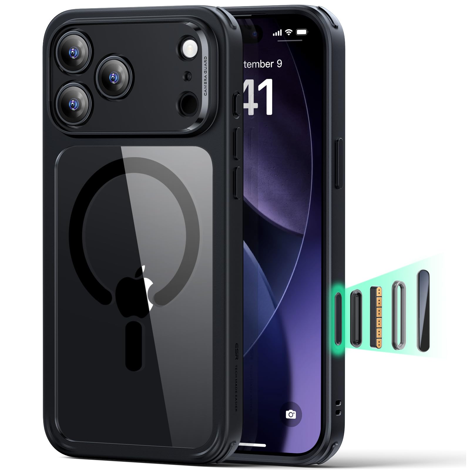 Photo 1 of ESR for iPhone 17 Pro Case, Camera Control, Compatible with MagSafe, Shockof Military-Grade tection, Magnetic Phone Case for iPhone 17 Pro, Classic Hybrid Case, Clear Black