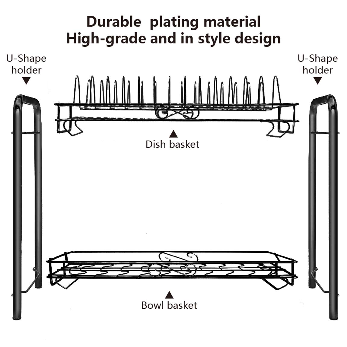 Dish Drying Rack 2-Tier Chrome Plating Dish Rack Stainless Steel Kitchen Dish Drainer Rack Organizer Tool-Free Installation With Utensil Holder/Drain Board/Cup Hoder 2 Layers Cutlery Rack