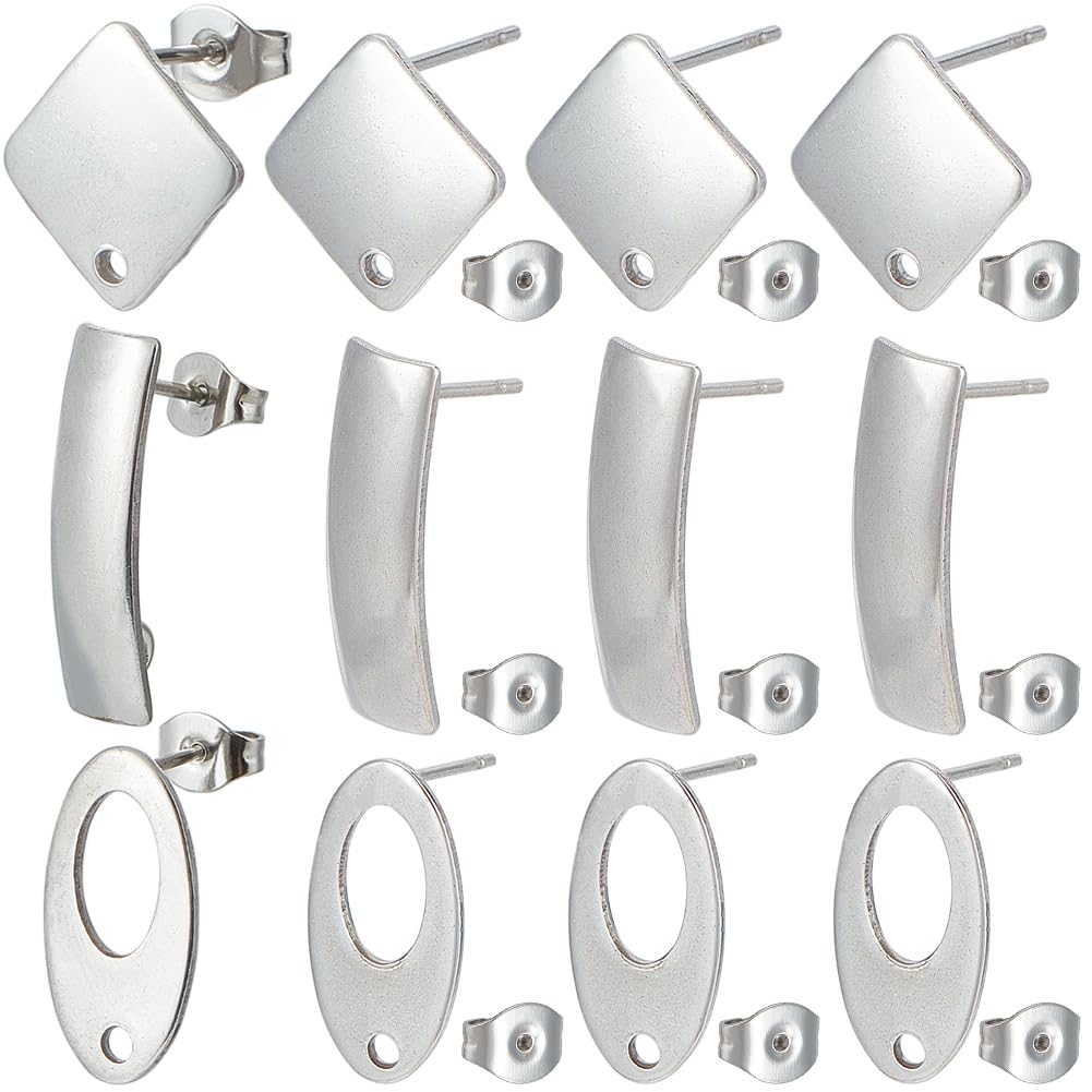 SUNNYCLUE 72Pcs Geometric Earring Posts Stainless Steel Earrings Post Findings Flat Square Rhombus Oval Silver Ear Backs Stud Supplies with Hole for DIY Ears jewellery Making Crafting Accessories
