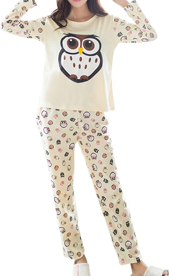 Happyyip Women's Cute Owl Printed Long Sleeve Sleepwear Pajamas Top and