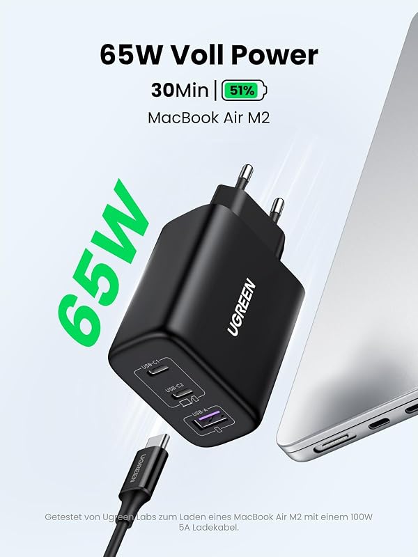 USB C Ladegerät 65W, 3-Port kompaktes Netzteil, PPS Schnellladegerät — Foto 2 von 7