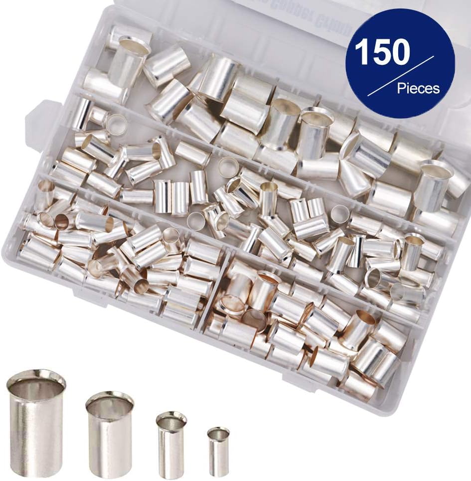 150 Pcs Wire Copper Crimp Connector, 4 Types(AWG 4,2,1,2/0) Non Insulated Cable Housing Wire Ferrules Pin Cord End Terminal Assortment Kit(Pack of 150)