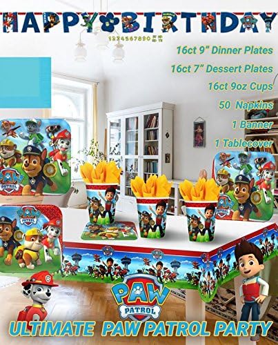 Paw Patrol Birthday Party Supplies Decoration Bundle for 16 Guests. Includes Plates, Cups, Napkins, Table Cover, and Jumbo Banner (Bonus Matching Paper Straw Pack)