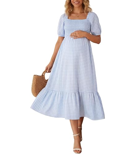 Cusghjbsg Women's Gingham Maternity Dress Solid Color Puff Sleeve Sweetheart Neck Ruffled Hem Pregnancy Loose Short Dress (White A, S) at Amazon Women's Clothing store