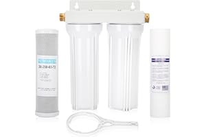 Drkerr External RV Dual Water Filter System, Includes Mounting Bracket, Two Filters, Two 3/4' GHT Brass Fittings, Reduces Sediment, Dirt, Sand, Odors, Chlorine, For RVs, Yachts, Homes, Marine