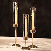 NUPTIO Hurricane Candlestick Holders for Centerpiece: Gold Taper Candles Stick Holders with Clear Glass Chimney - Tall Candleholder Set of 3 for Birthday Party Outdoor Decor