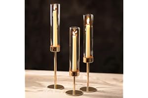 NUPTIO Hurricane Candlestick Holders for Centerpiece: Gold Taper Candles Stick Holders with Clear Glass Chimney - Tall Candleholder Set of 3 for Birthday Party Outdoor Decor