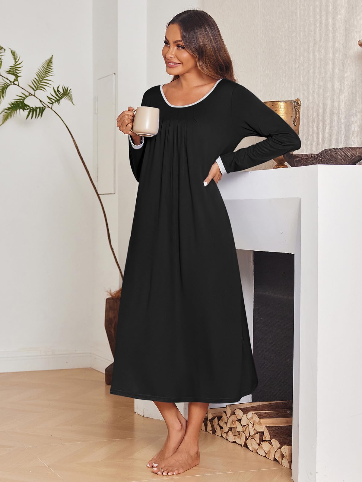 Ekouaer Long Nightgown Loungewear Women\'s Nightshirt Full Length Sleepwear Comfy House Dress with Pocket Black