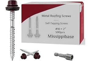 MISSIPPIBASE Metal Roofing Screws #10 × 2 Inch, 300 PCS,Brown Painted Hex Head Sheet Metal Roof Screws,Rubber Washer,Sharp Point,Self Starting Metal to Wood Siding Screws, EPDM Washer,Hex Socket Included