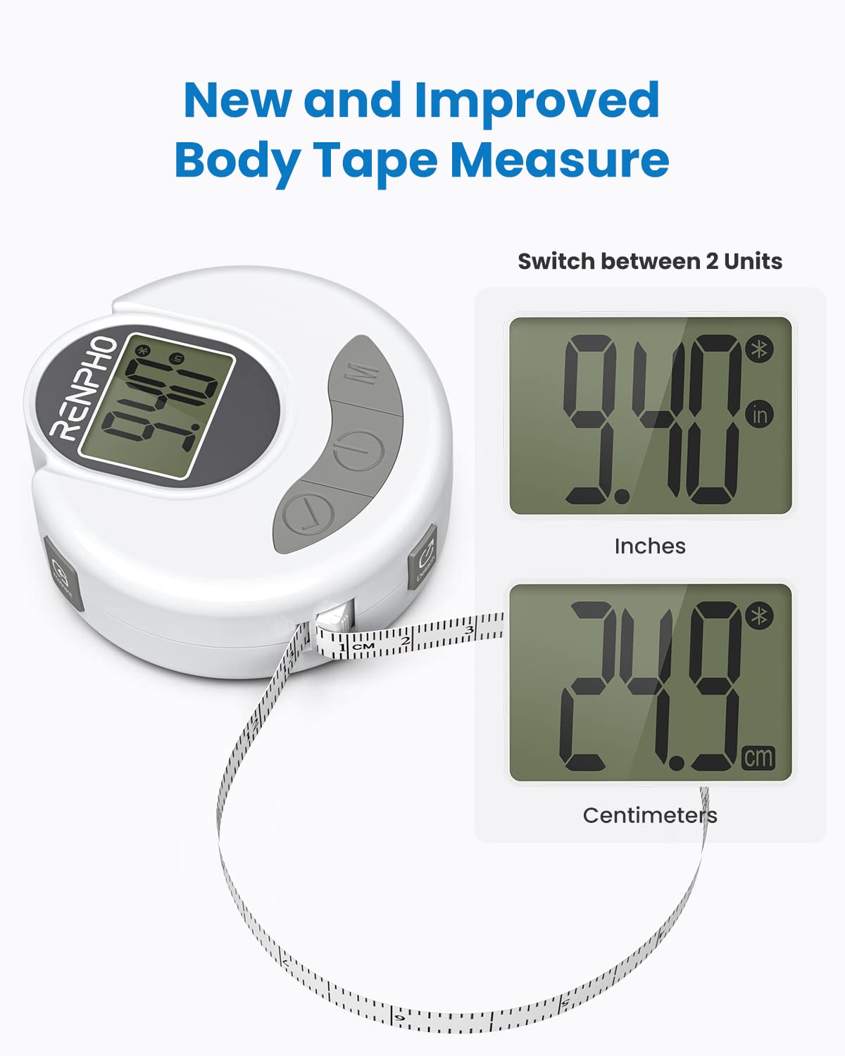 RENPHO Body Measuring Tape, Bluetooth Smart Tape Measure with Lock Hook & Retractable Function, Accurate Body Fat Measurement Device for Weight Loss, Muscle Gain, Fitness Bodybuilding, 60in /150cm