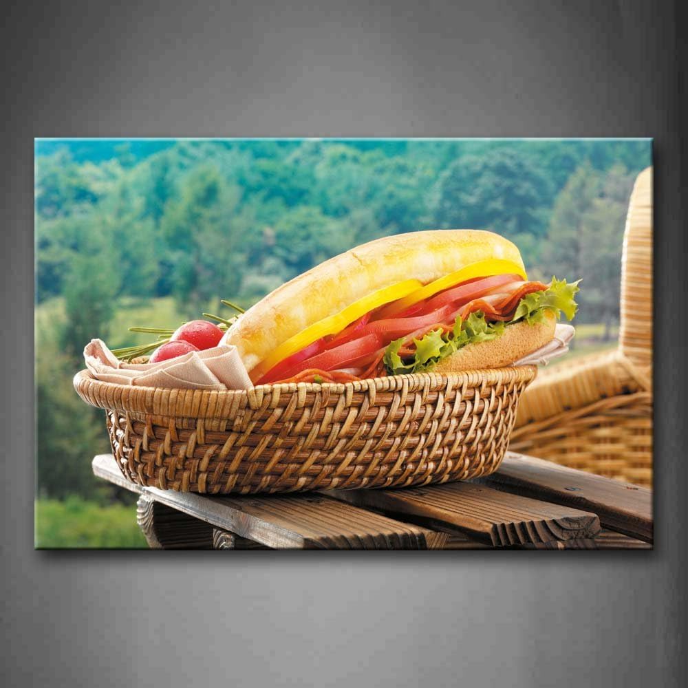 Sándwich con jamón y cesta de frutas en pared arte pintura la ...