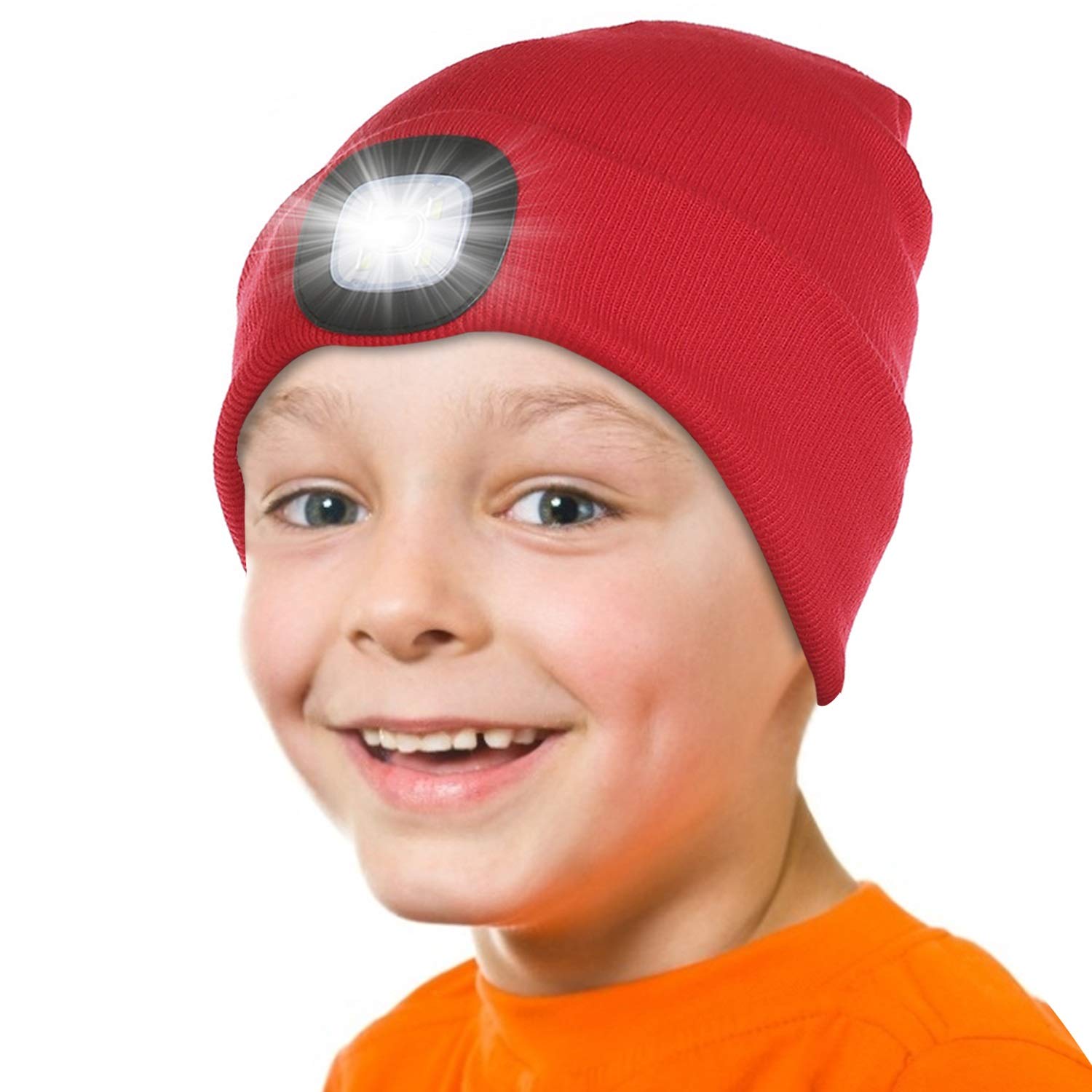 Attikee Kids LED Beanie with Headlamp - Rechargeable 4 LED Lighted Hat with Torch, Adjustable Brightness Winter Knit Cap for Cycling, Running, Camping, Night Walking for Boys & Girls Red — image 1