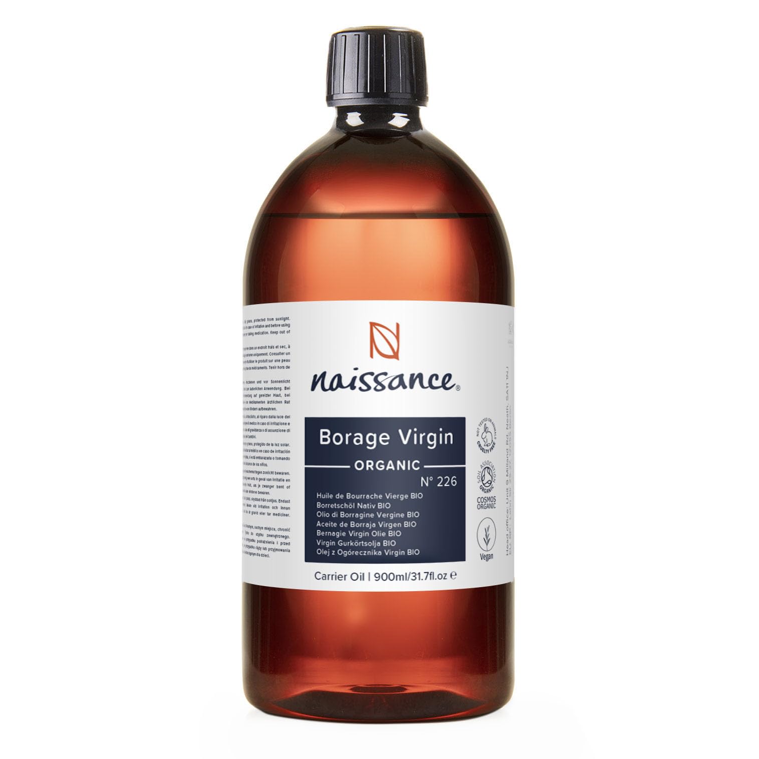 Naissance Organic Borage (Starflower) Seed Oil (No. 226) - 900ml - Naturally High in GLA (Gamma-Linolenic Acid) - for Skin, Face, Body, Hair, Massage, Vegan
