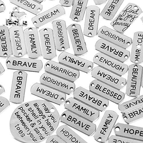 160 Pieces Word Charms Pendants Engraved Motivational Charms Pendants 20 Styles Inspiration Words Charms for Crafting Necklace Bracelet