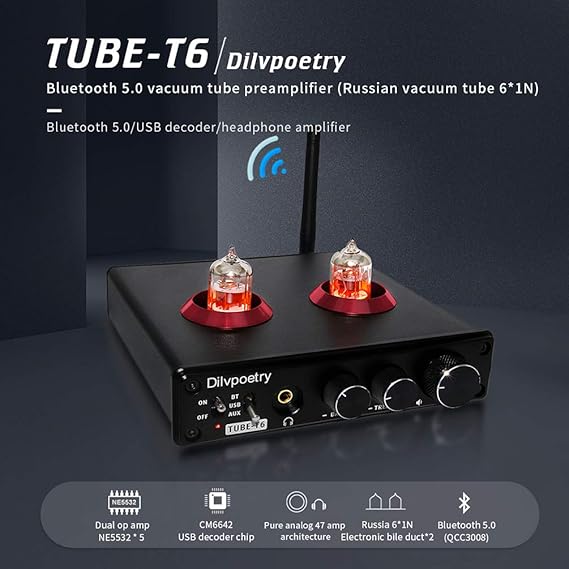 Amazon Com Dilvpoetry Tube T6 Vacuum Tube Headphone Amplifier 61n 2 0 Preamplifier Aptx Bluetooth 5 0 Preamp 3 5mm Desktop Usb Hifi Headphone Amp Black Home Audio Theater