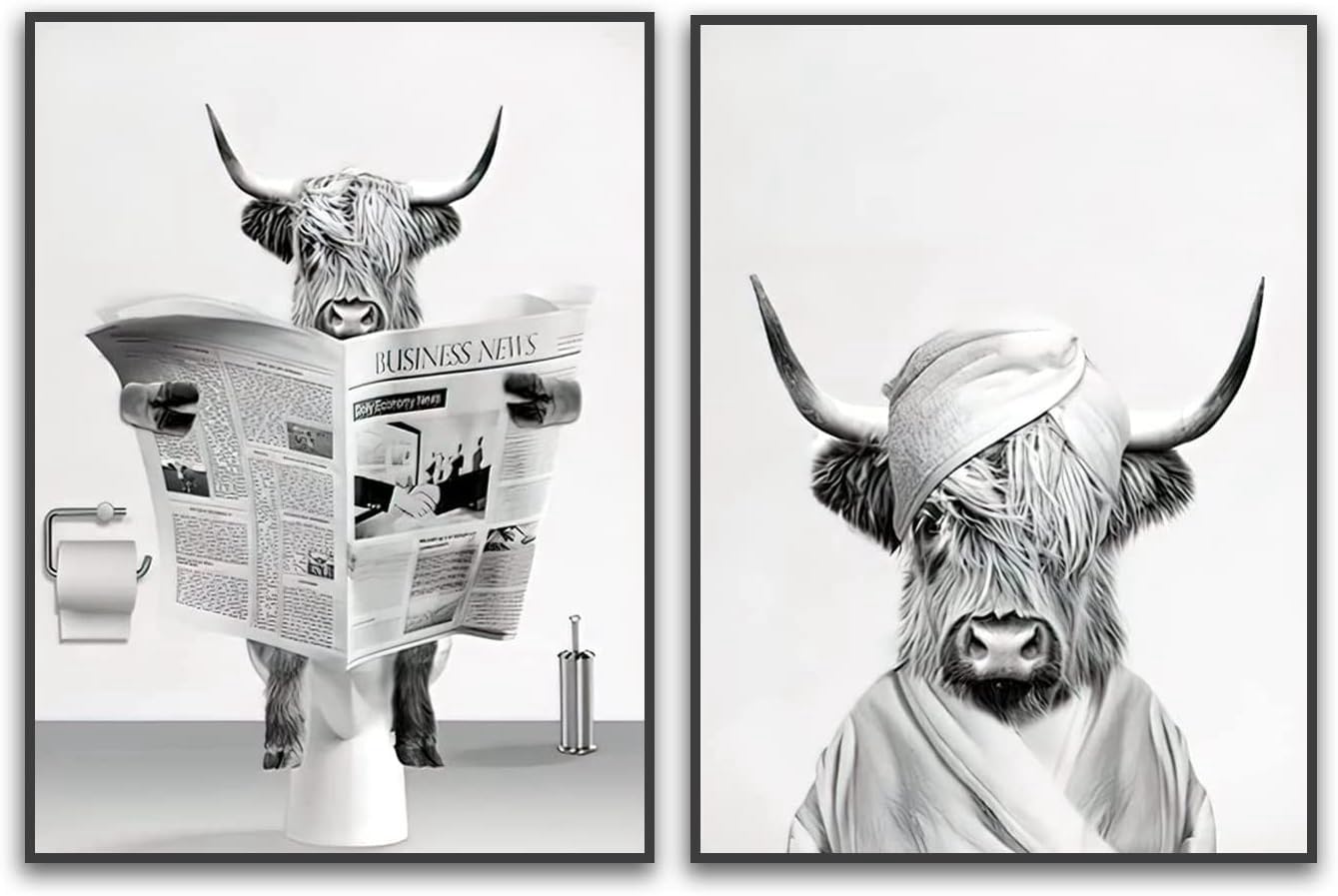 QPLGTU Bathroom Home Background Wall Decoration Poster, Black and White Highland Cow Decoration Photo Wallpaper, Fun Animal Print Poster, Frameless (Highland Cattle 1, 20x30cm*2)