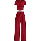 PRETTYGARDEN Womens 2 Piece Outfits Summer 2026 Ribbed Knit Button Short Sleeve Tops Casual Wide Leg Pants Lounge Sets