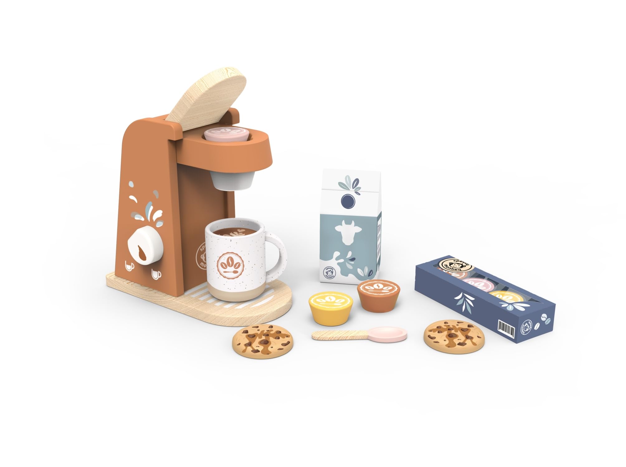 Speedy Monkey Toy Coffee Machine - Beautiful Design | Sustainable Wooden Play Kitchen Accessory with FSC Wood & Smooth Edges | Perfect Kids Wooden Toys Toddler | Toy Gift for Girls & Boys