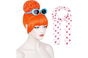 ATAYOU 4Pcs Orange Bun Wig Flat Bang Updo Wig With Red Polka Dot Scarf and Blue Retro Style Sunglasses for Women Halloween Costume(Without Dress)