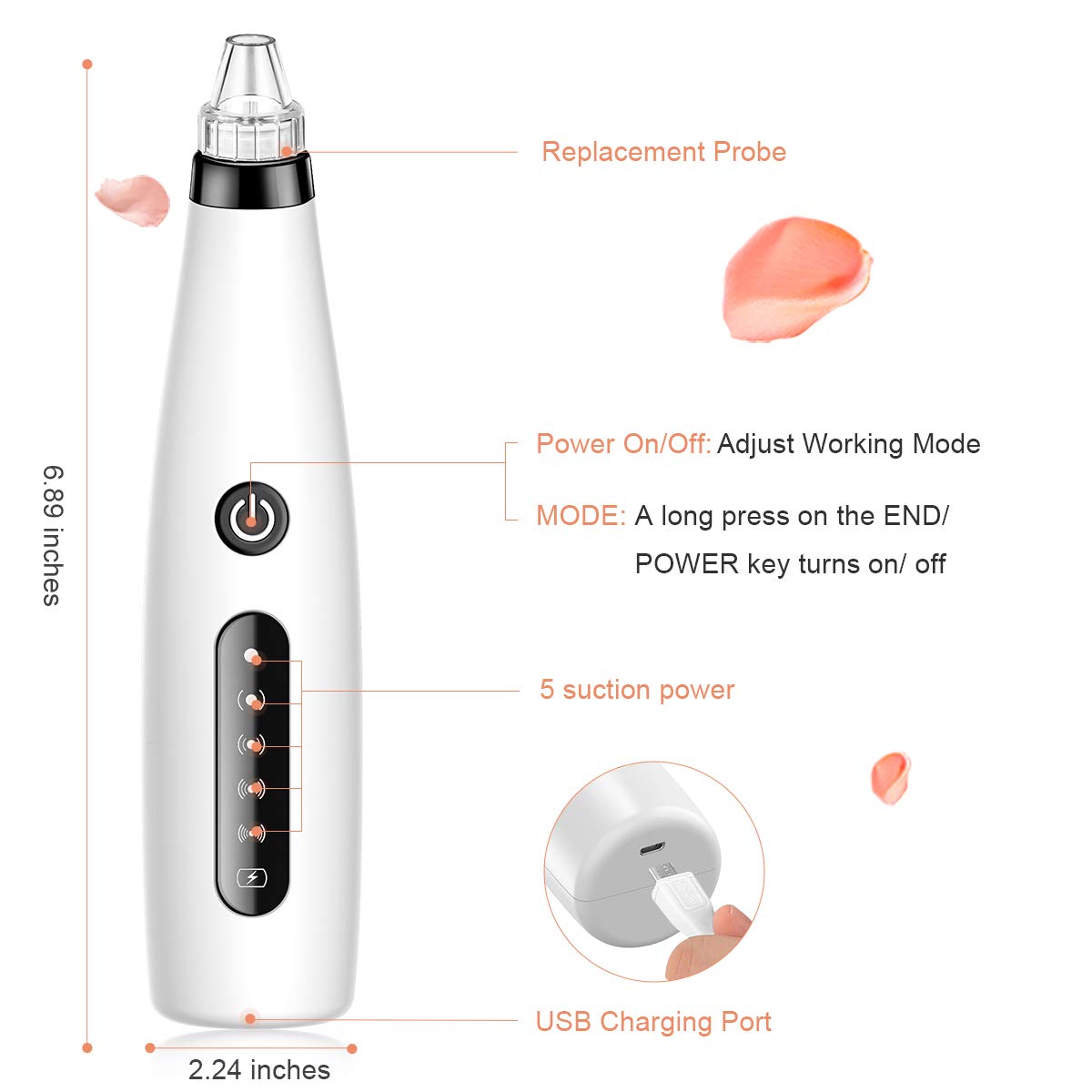 Blackhead Remover Vacuum, Electric Acne Comedone Extractor, JOMARTO Skin Pore Deep Cleansing Tool with LED, 5 Adjustable Suction Power, USB Rechargeable Pore Vacuum Cleaner for Face skin (white): Beauty