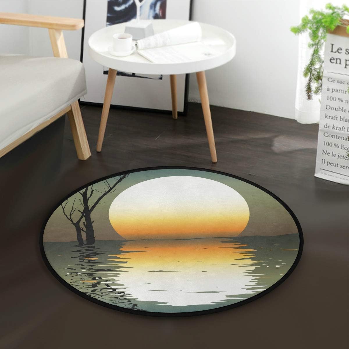 Sunset Water Withered Tree Art Carpet, Soft Carpet, Anti Slip Circular Mattress, Women Yoga Mat (92 cm Round), Average Size.