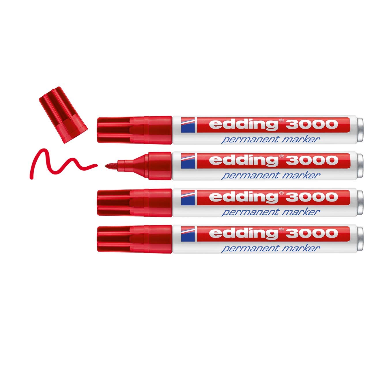 edding 3000 permanent marker - red - pack of 4 - round nib 1.5-3 mm - quick-drying permanent markers - waterproof, smudge-proof - for cardboard, plastic, wood, metal, fabric - marker pens