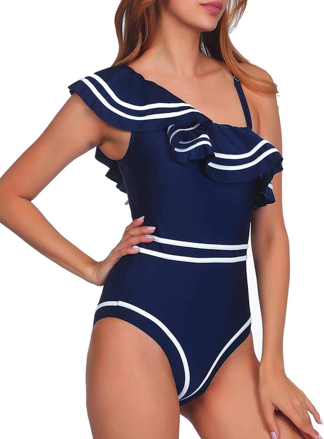 Women One Piece Nave Vintage Swimsuits One Shoulder Ruched Flounce High Waisted Swimwear Nautical Monokini