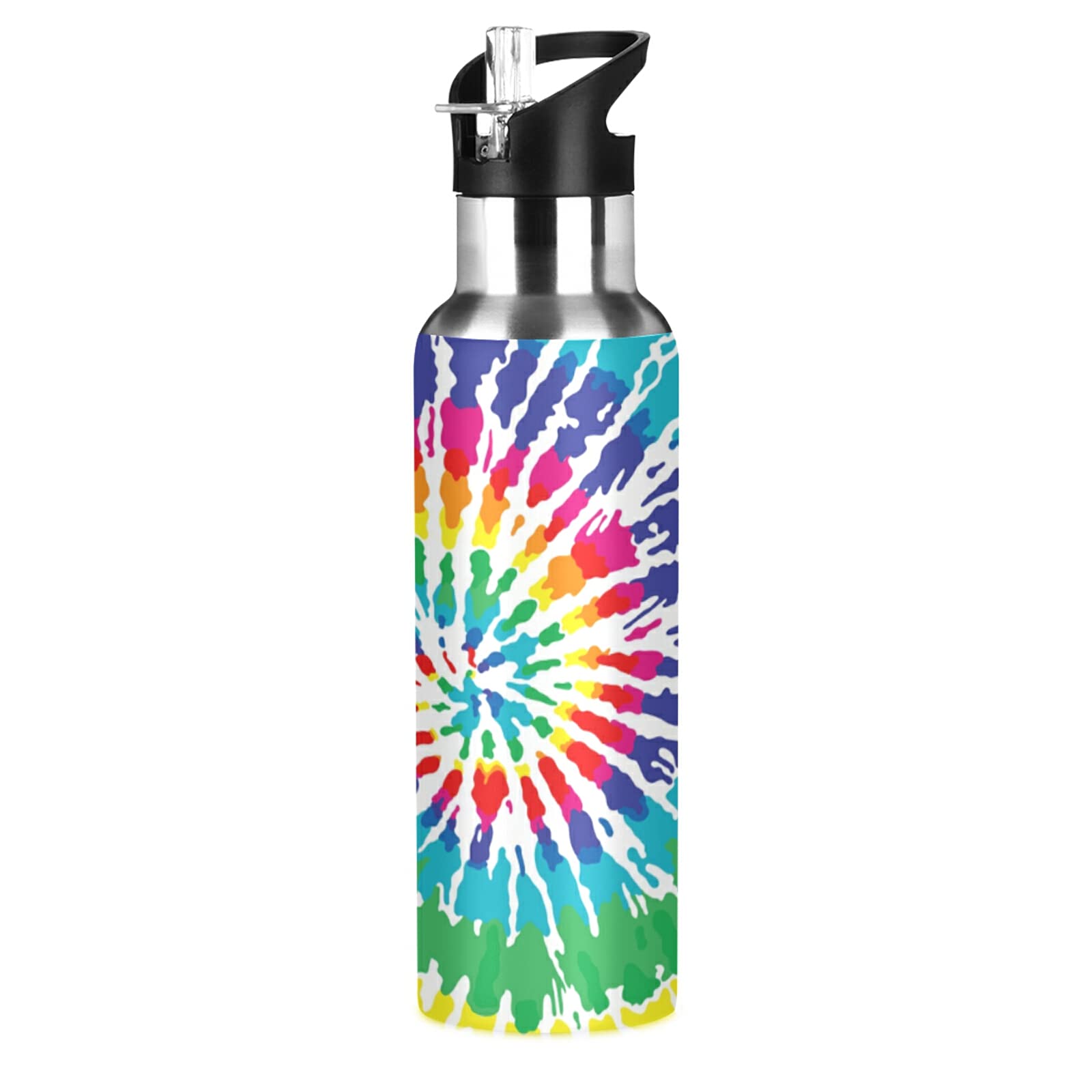 Rainbow Tie Dye Print Water Bottle Drink Flask with Straw Lid Insulated Stainless Steel Thermos Bottle for Boys Girls Gym Sports Leakproof 600 ml