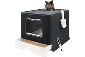 FOPHOP Foldable Cat Litter Box with Lid, Jumbo Enclosed Cat Potty, Top Entry Anti-Splashing Cat Toilet, Easy to Clean Including Cat Litter Scoop and 2-1 Cleaning Brush (Black) Extra Large