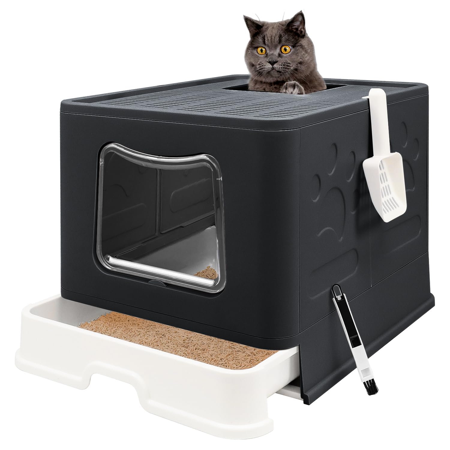 Photo 1 of XL Foldable Cat Litter Box with Lid - Jumbo Enclosed Potty - Top Entry Anti-Splashing Toilet - Includes Scoop & 2-in-1 Cleaning Brush (Black)