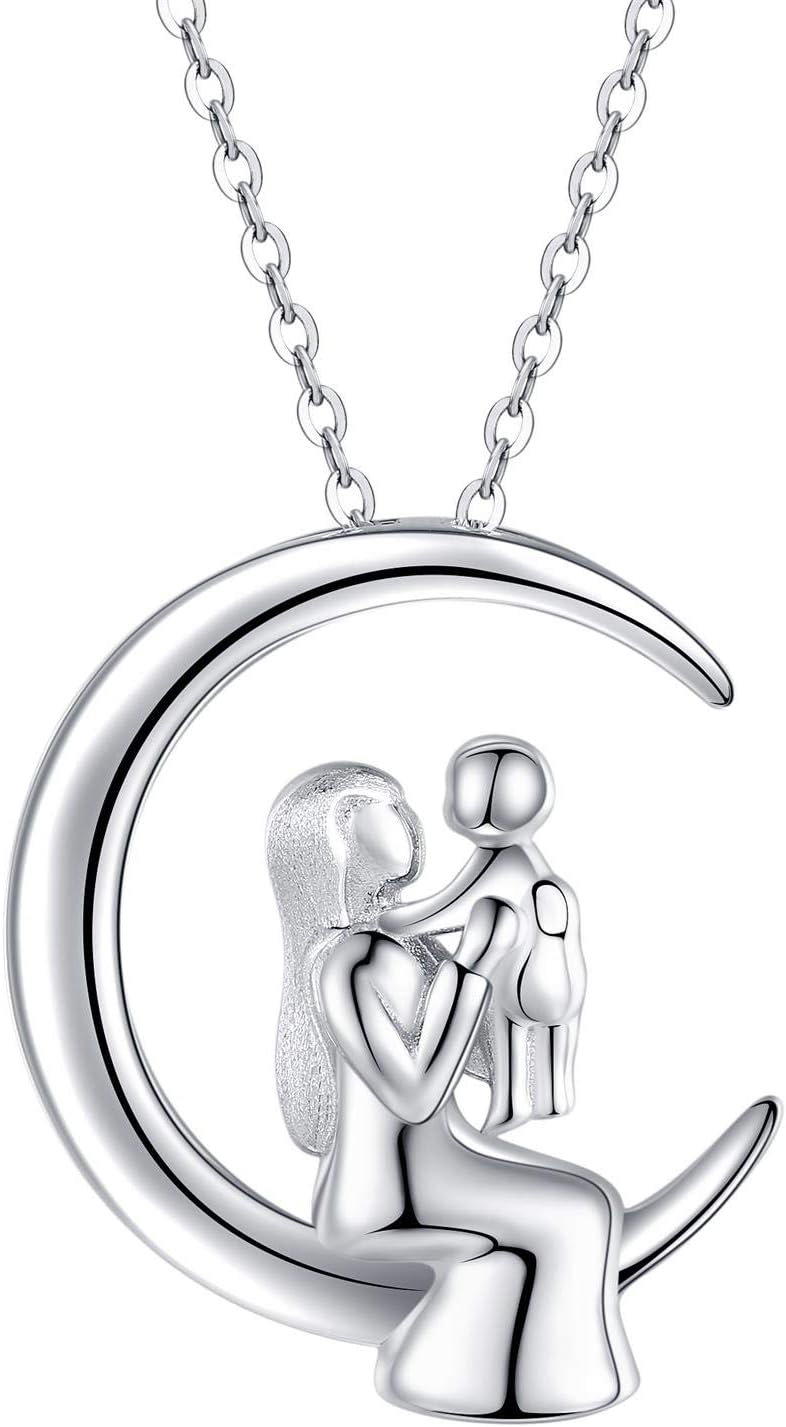 Mother Gift Mom Child Son Daughter Necklace S925 Sterling Silver Crescent Moon Pendant Jewelry for Women Family
