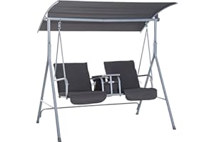 Outsunny 2 Person Porch Swing with Stand, Outdoor Swing with Canopy, Pivot Storage Table, 2 Cup Holders, Cushions for Patio, Backyard, Gray