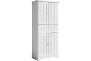 ChooChoo 51" H Tall Bathroom Floor Cabinet, Modern Bathroom Storage Cabinet with Drawer and Adjustable Shelves, Freestanding Kitchen Pantry Cupboard with 4 Doors for Living Room, White