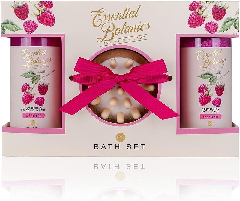 accentra Essential Botanics Bath Set Raspberry Bubble Bath Salts Massage Brush