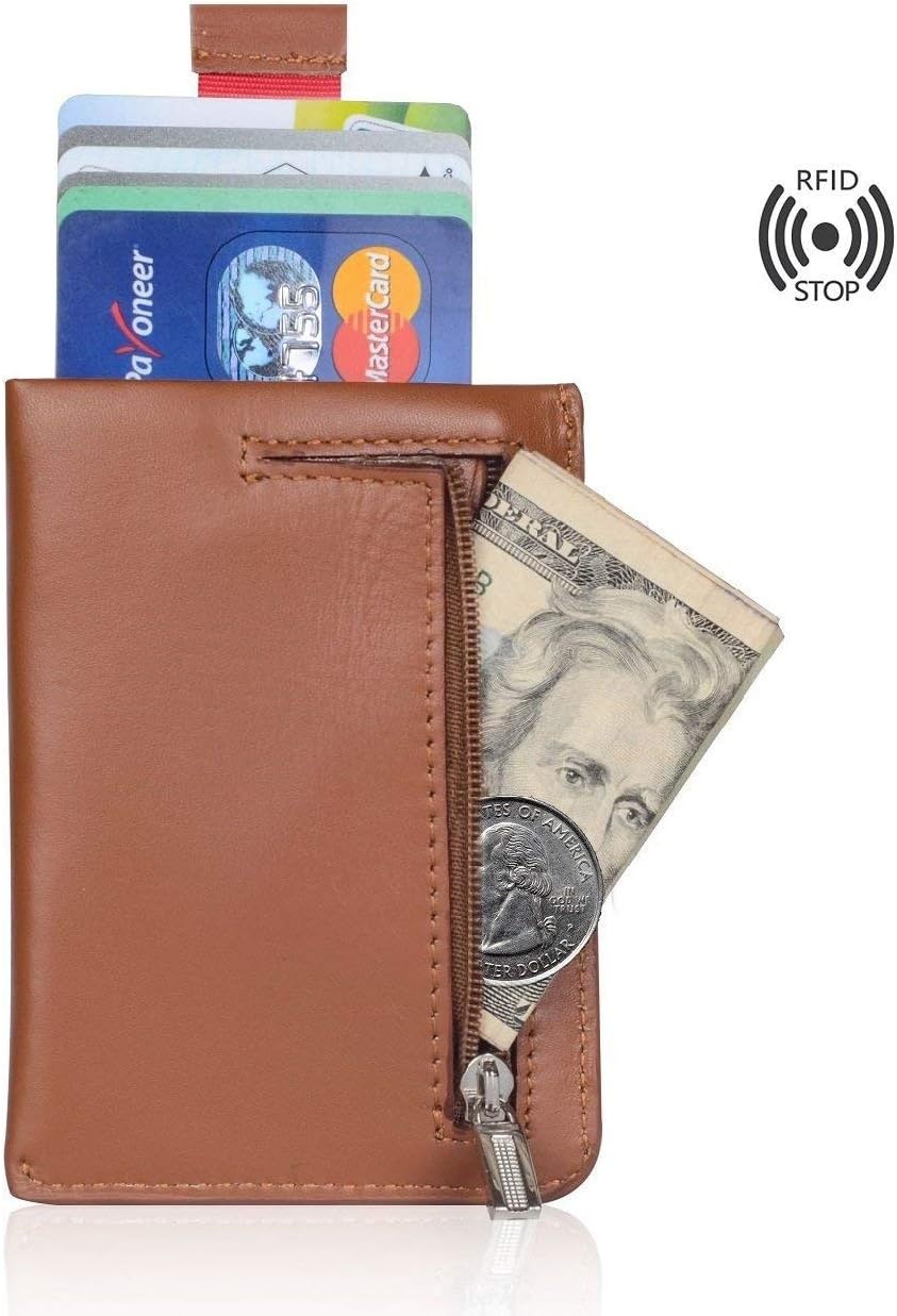 RFID Blocking Wallet,Mini Thin Slim but Big Capacity Genuine Leather Minimalist Front Pocket Wallet, Ultra Slim Compact Front Pocket Wallet with Zipper Pocket for Bills and Coins DarNio (Brown)