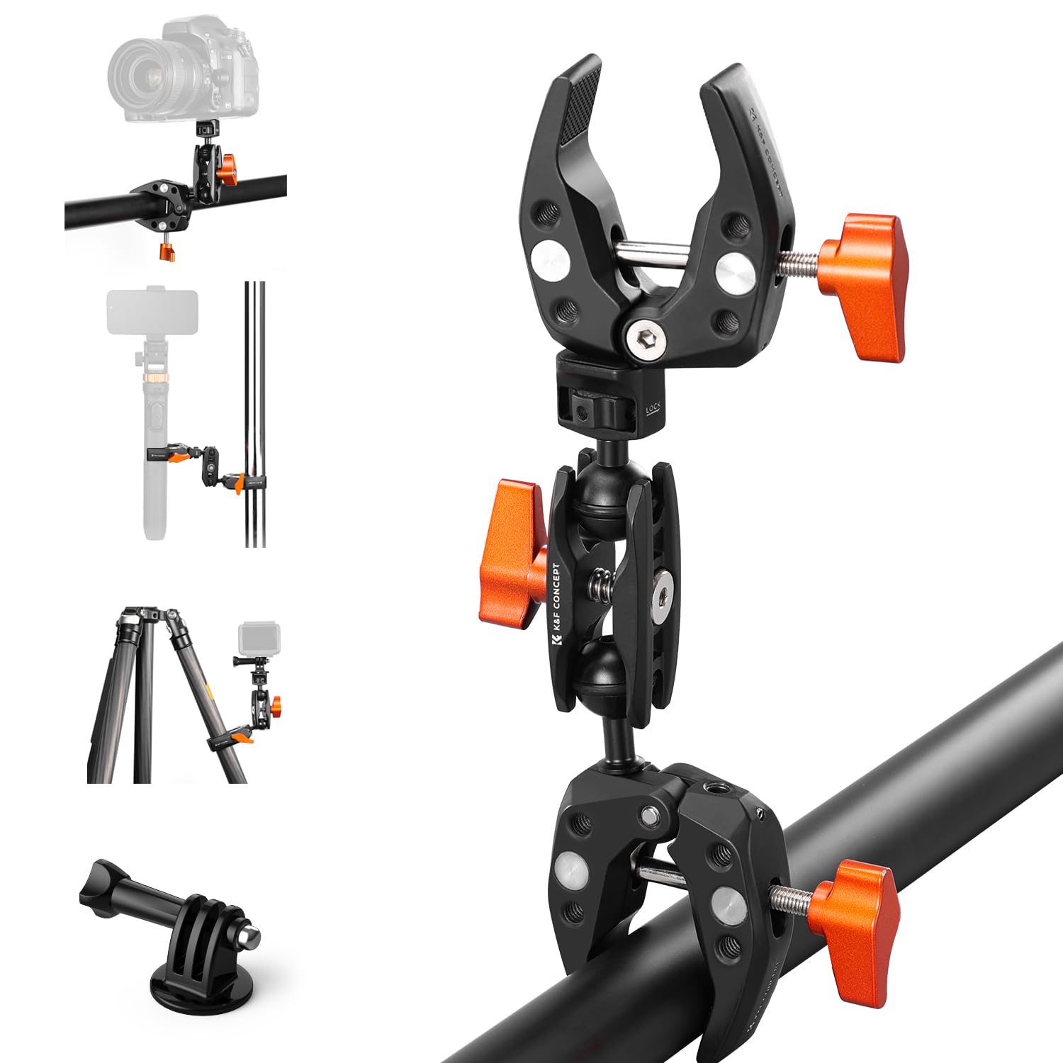 Photo 1 of K&F Concept Double Super Clamp Mount, Camera Clamp Mount with 1/4" Threads Metal Clamp for Chair, Pole, Tripod, Desk, Photography Reflector, Flag, Umbrella, Motorcycle Mount