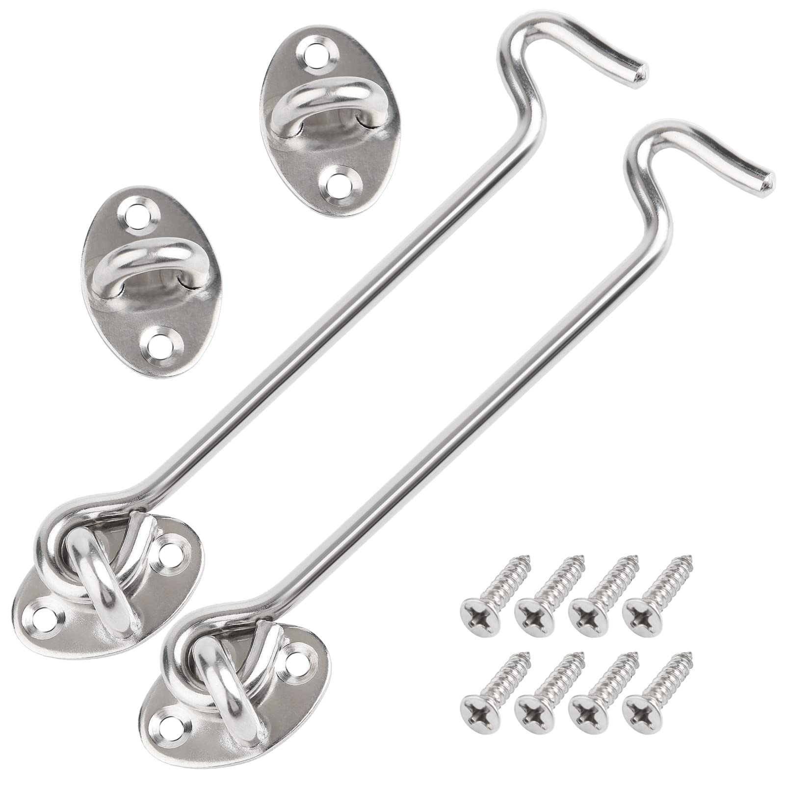 Long Gate Hook and Eye Latch - 2 Pack 157mm/6.2inch Door Latch Hook - Stainless Steel Cabin Hooks Outside Solid Swivel Gate Catch for Window Garage Sliding Door Bedroom and Bathroom(Silver)