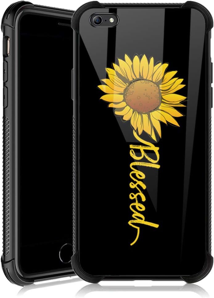 iPhone 6s Plus Case,Cute Sunflower Blessed iPhone 6 Plus Cases for Girls,Tempered Glass Back Cover Anti Scratch Reinforced Corners Soft TPU Bumper Shockproof Case for iPhone 6/6s Plus Yellow Flower