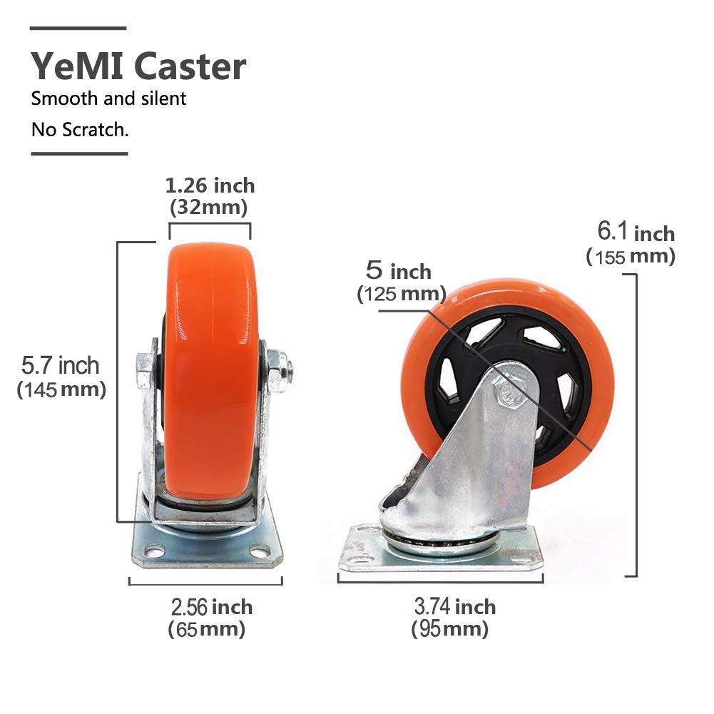 YeMI 5 Inch Plate Swivel Caster Wheels with Brake, Heavy Duty Rubber Castors with Plate for Furniture, Workbench, Cart, Trolley-2200 Lbs Work Load Orange (5''Silver with Brake): Industrial & Scientific